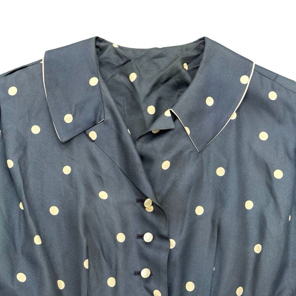 Vintage 1940s 1950s Polka Dot Full Skirt Dress Blue Button Front - Picture 2 of 11